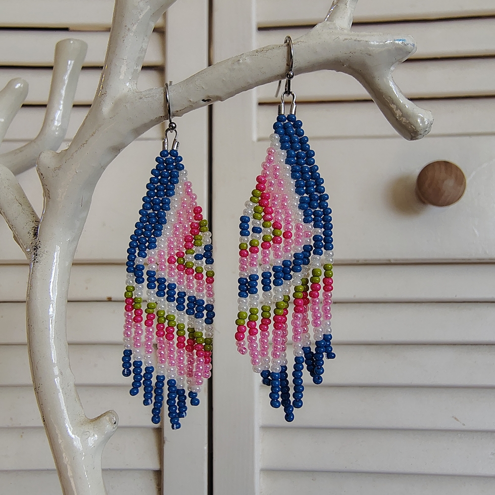 Handmade Beaded Fringe Earrings Blue Pink, Green White –Stainless Steel Hooks OS - Picture 2 of 3